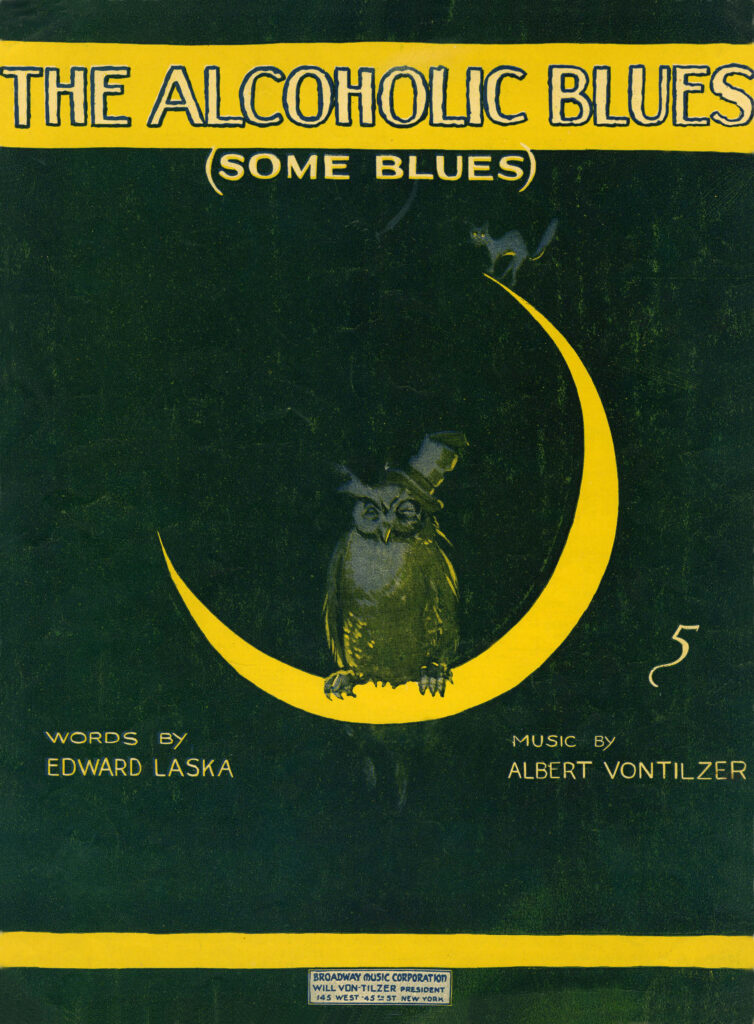 Sheet music cover with an owl wearing a top hat sitting on top of a crescent moon.
