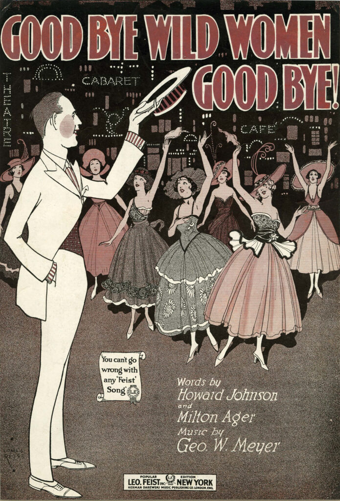 A sheet music cover depicting a man with flushed cheeks farewelling a group of women in party dresses by tipping his hat.